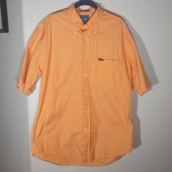 Faconnable Men's Short Sleeve Orange/White Stripe Cotton Button Up Size Large - Picture 1 of 8